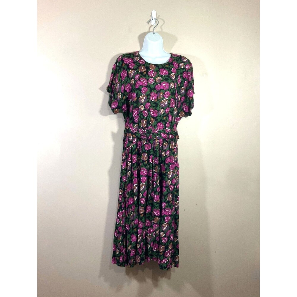 VTG Pellini Petites Belted Floral Midi Dress 12P Pink Green 80s Cottage Party
